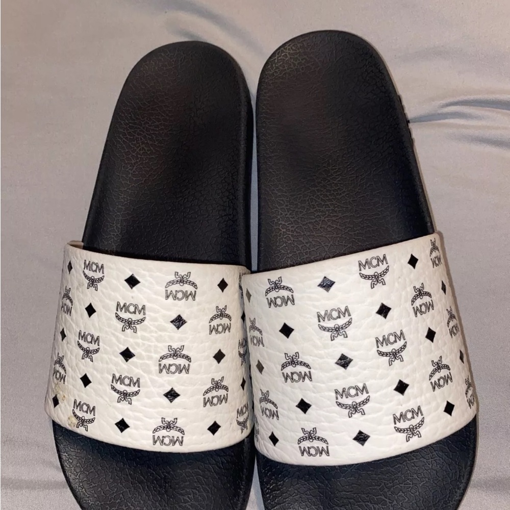 MCM Black and White Logo Slide Sandals